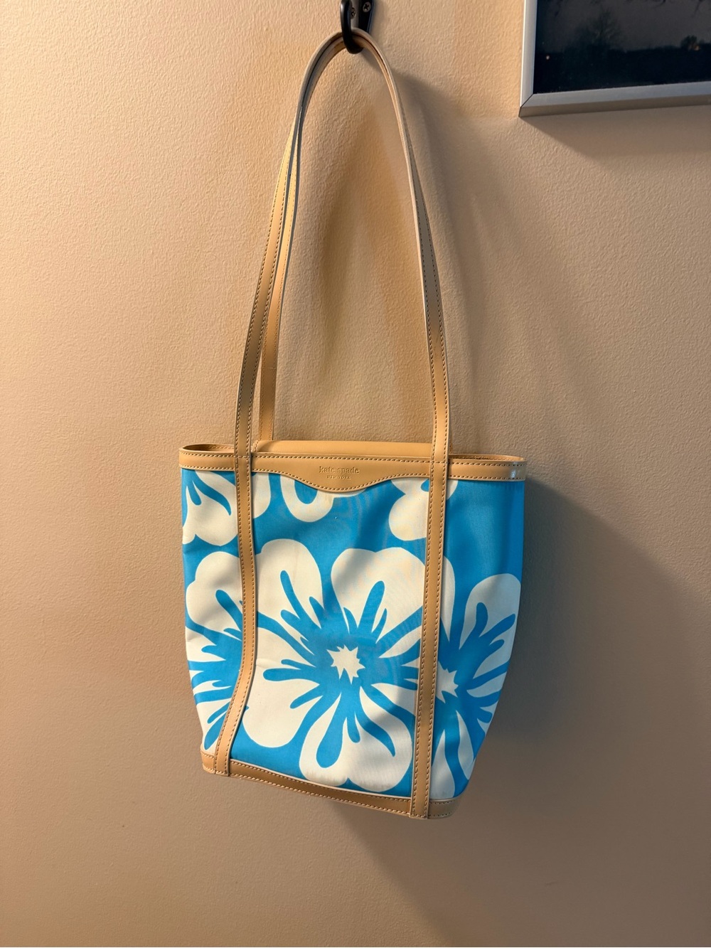 Kate Spade Blue Floral Canvas Tote with Tan Leather Trim